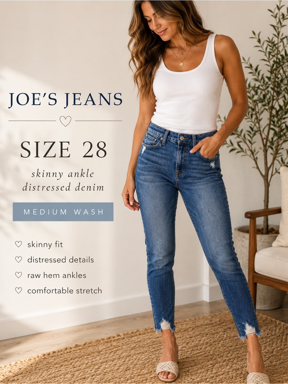 Joe’s Jeans Distressed Skinny Ankle Jeans Size 28 Medium Wash Raw Hem Stretch